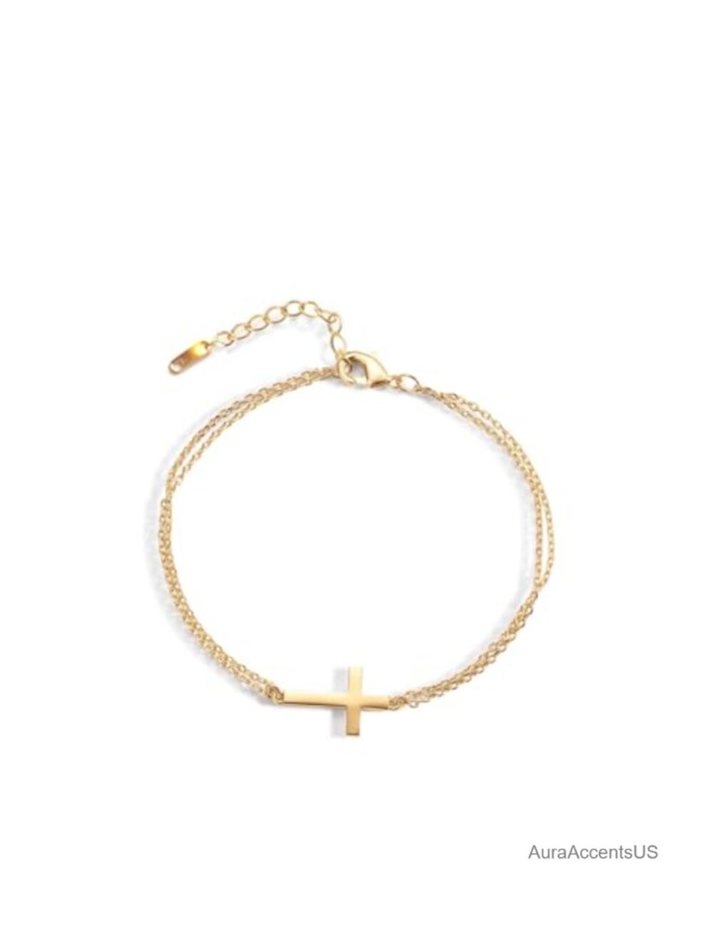 18K Gold Plated Adjustable Sideways Cross Bracelet Dainty Stainless Steel Chain